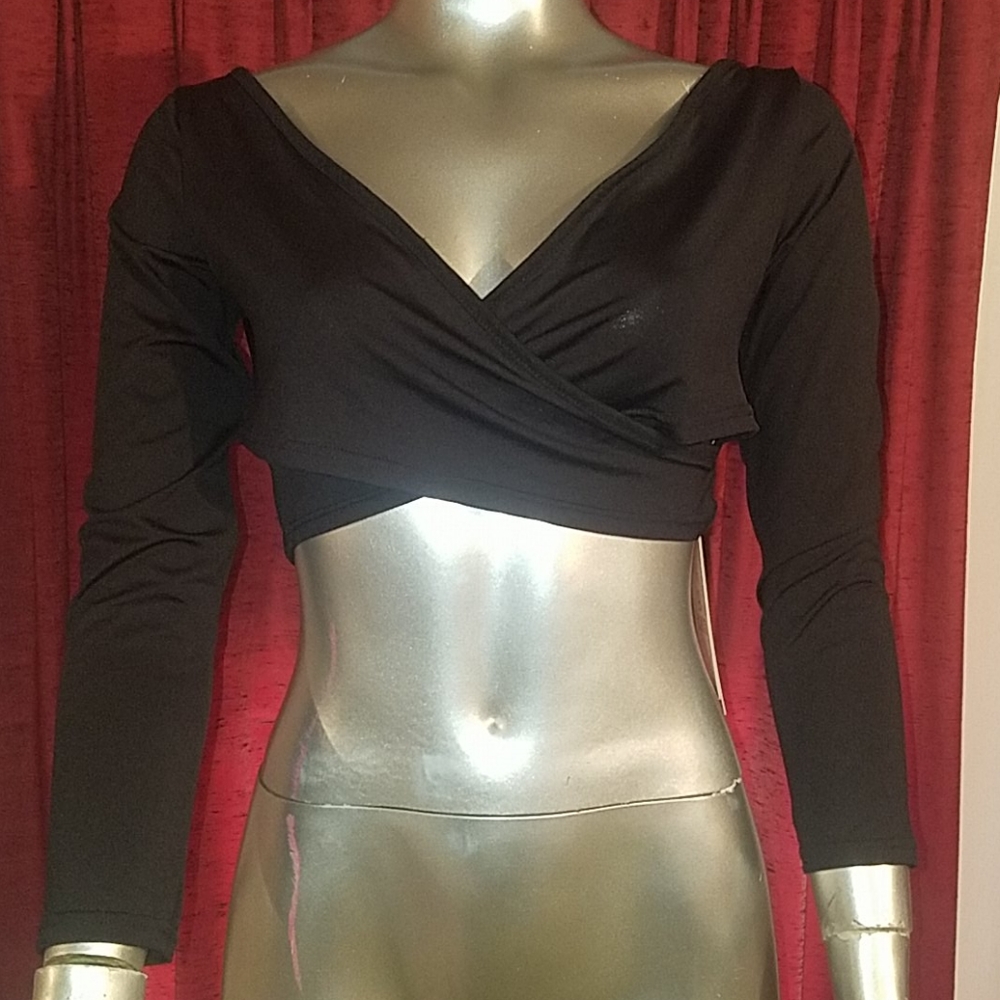 Baluoke black crop top blouse shirt sexy long sleeved v neck criss cross large